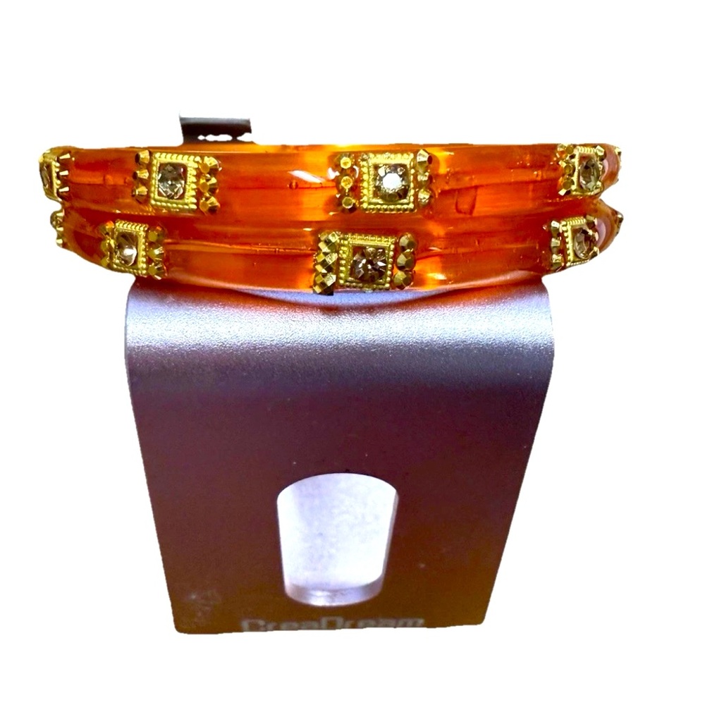 Vibrant Orange Bangle Bracelets with Gold Tone Accents